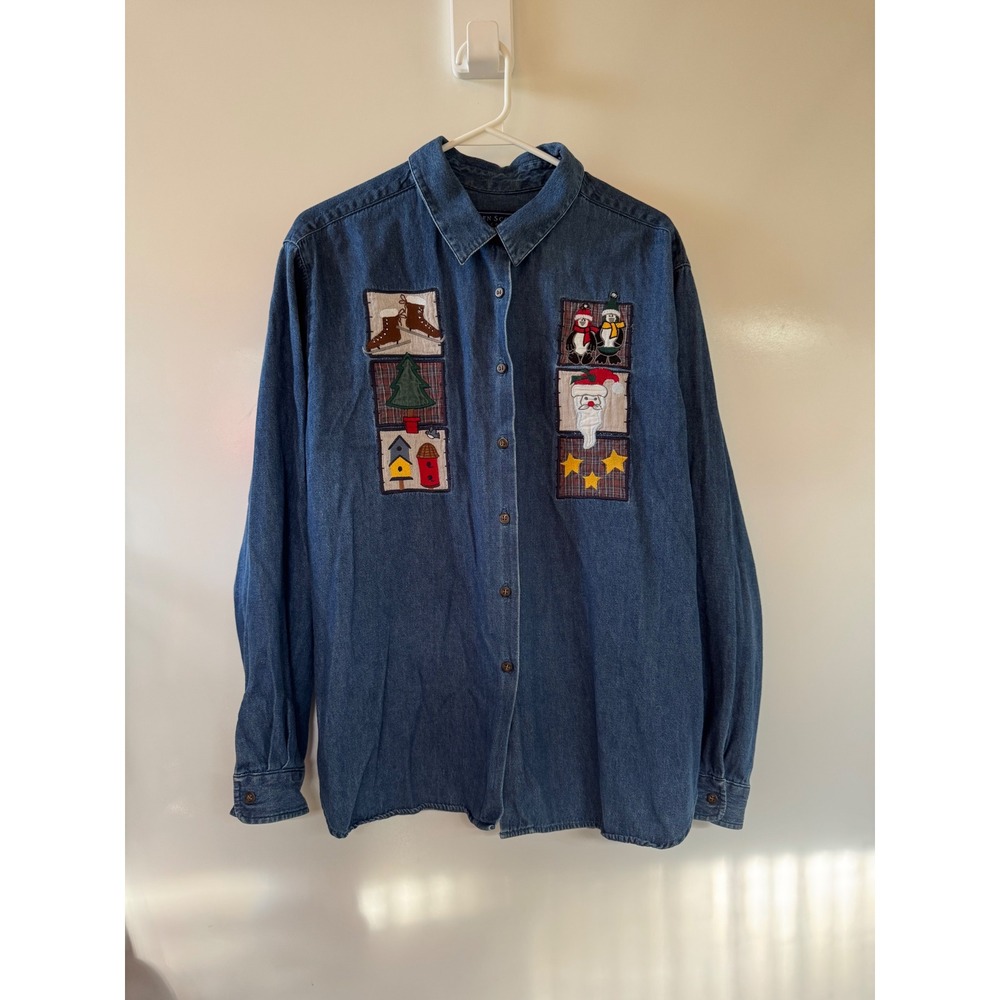 Karen Scott Vintage Christmas Denim Shirt XL Embroidered Santa Penguin Holiday